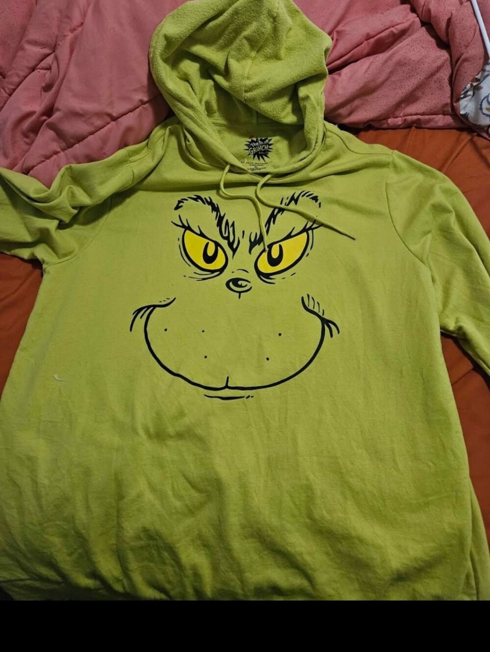 Ladies Xl Lime Green Hooded Sweatshirt with Playful Grinch Face